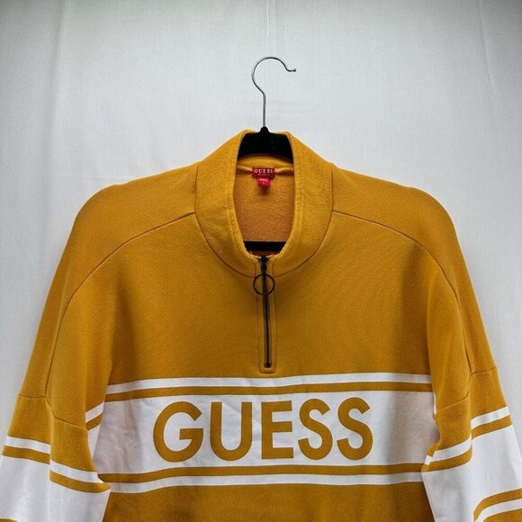 Guess Cropped Sweater Women Sz L Quarter Zip Spellout Pullover Activewear Yellow - Picture 3 of 12